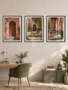 Riad Whispers — set of three complementary places artworks in Black frames, shown at 50×70 cm each.