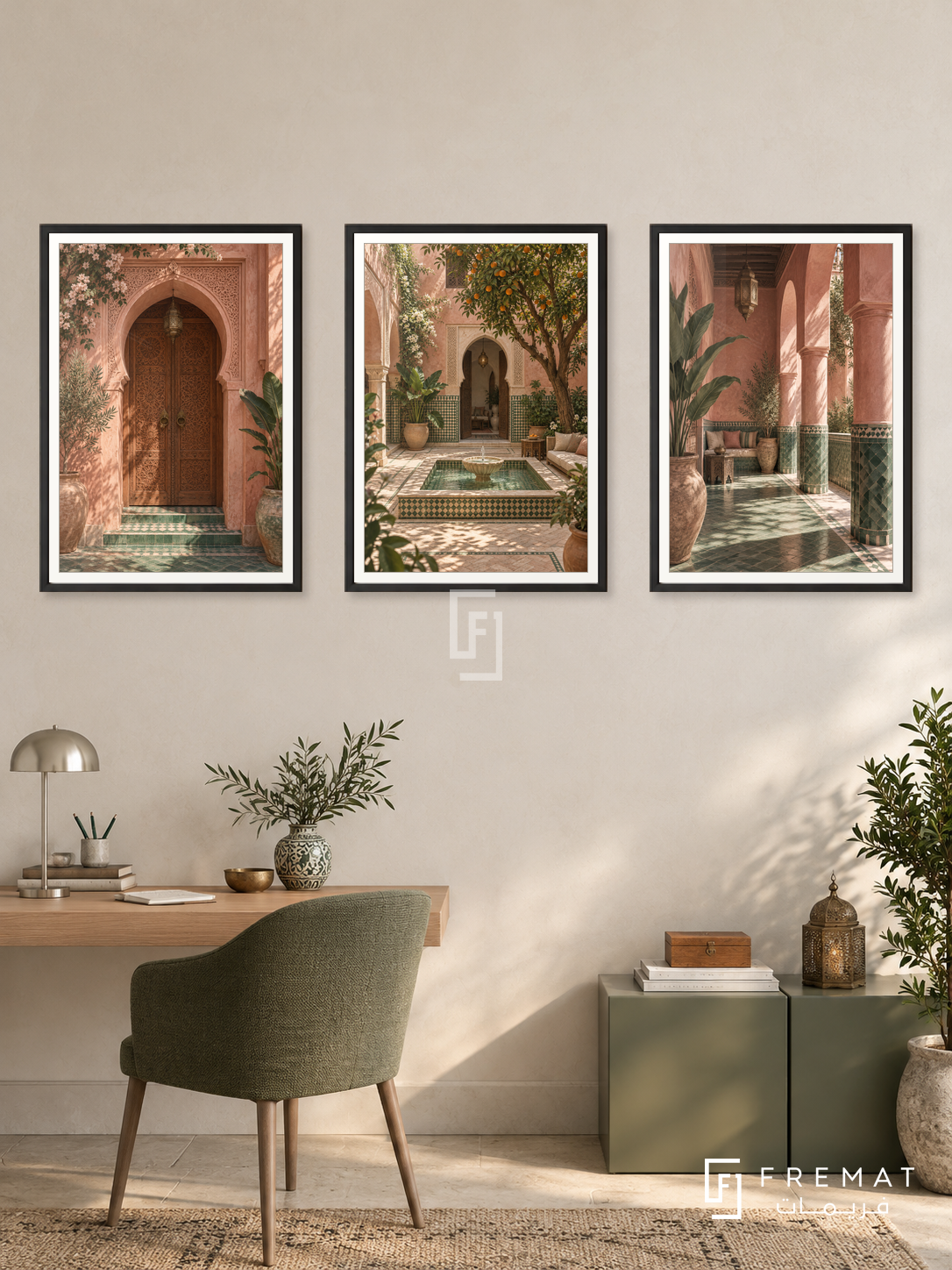 Riad Whispers — set of three complementary places artworks in Black frames, shown at 50×70 cm each.