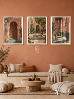 Riad Whispers — set of three complementary places artworks in Gold frames, shown at 50×70 cm each.