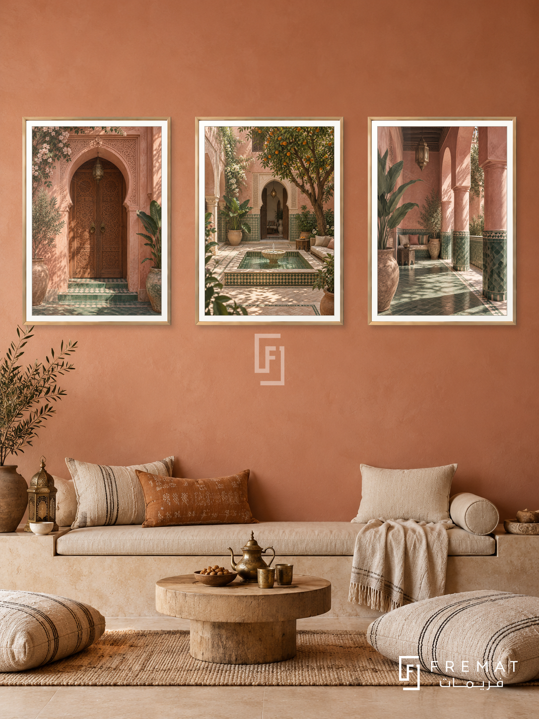 Riad Whispers — set of three complementary places artworks in Gold frames, shown at 50×70 cm each.