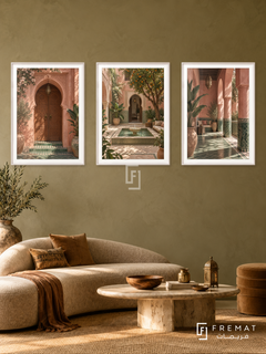 Riad Whispers — set of three complementary places artworks in White frames, shown at 50×70 cm each.