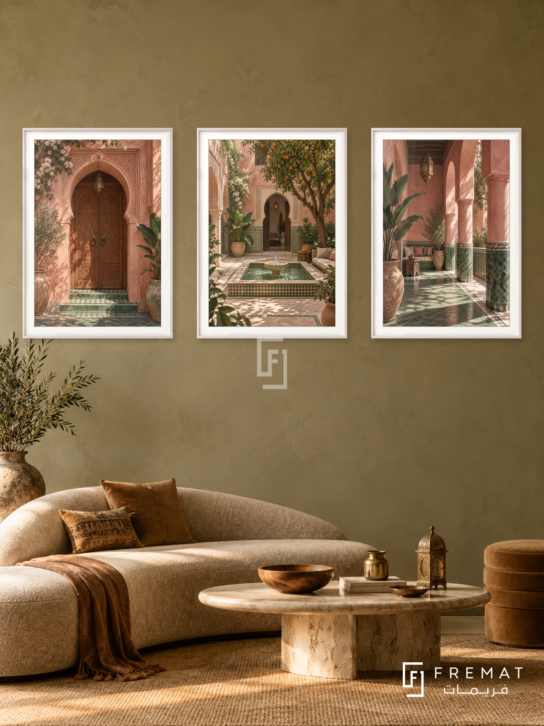 Riad Whispers — set of three complementary places artworks in White frames, shown at 50×70 cm each.