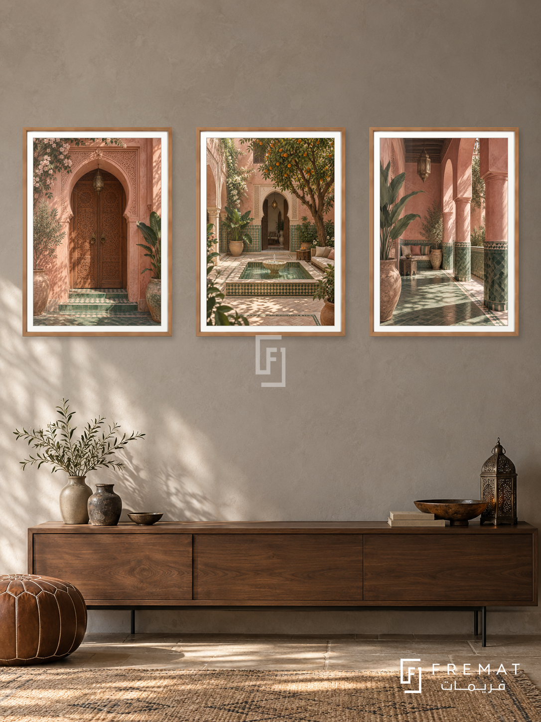 Riad Whispers — set of three complementary places artworks in Wooden Texture frames, shown at 50×70 cm each.