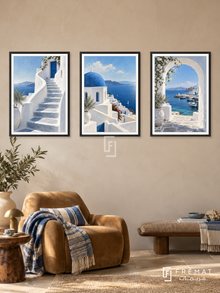 Aegean Blue — set of three complementary places artworks in Black frames, shown at 50×70 cm each.