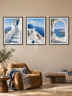 Aegean Blue — set of three complementary places artworks in Black frames, shown at 50×70 cm each.