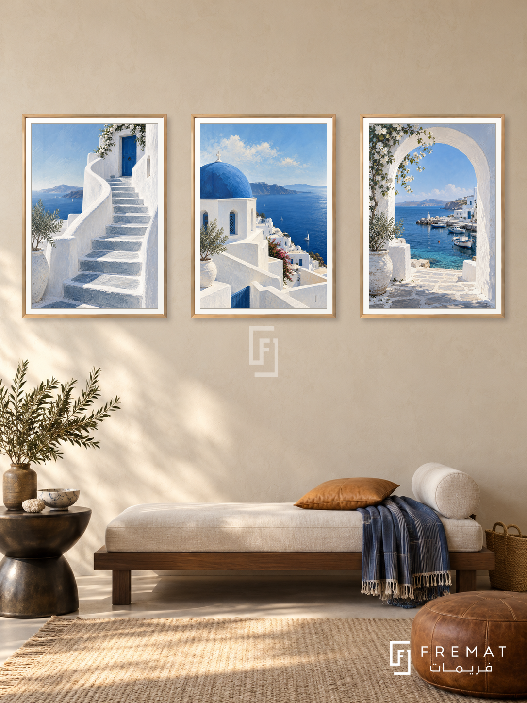 Aegean Blue — set of three complementary places artworks in Gold frames, shown at 50×70 cm each.