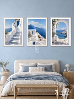 Aegean Blue — set of three complementary places artworks in White frames, shown at 50×70 cm each.