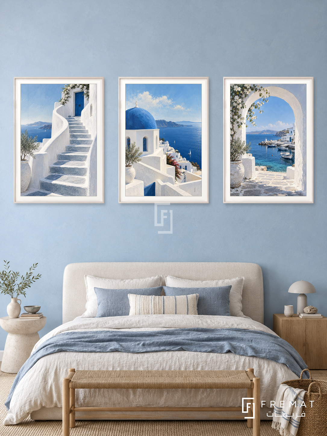 Aegean Blue — set of three complementary places artworks in White frames, shown at 50×70 cm each.