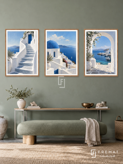 Aegean Blue — set of three complementary places artworks in Wooden Texture frames, shown at 50×70 cm each.