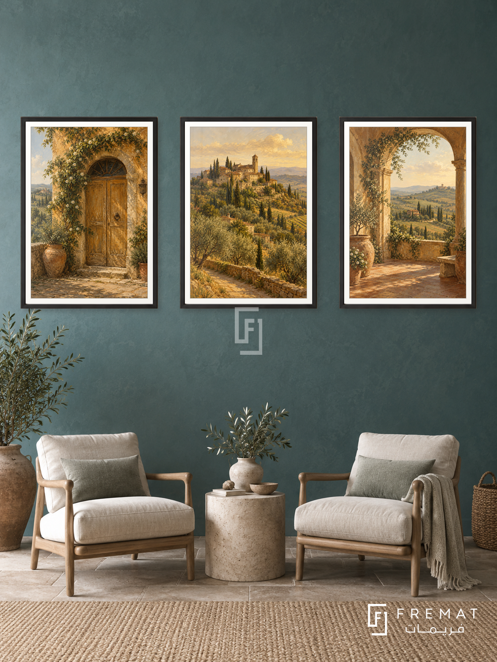 Tuscan Afternoon — set of three complementary places artworks in Black frames, shown at 50×70 cm each.