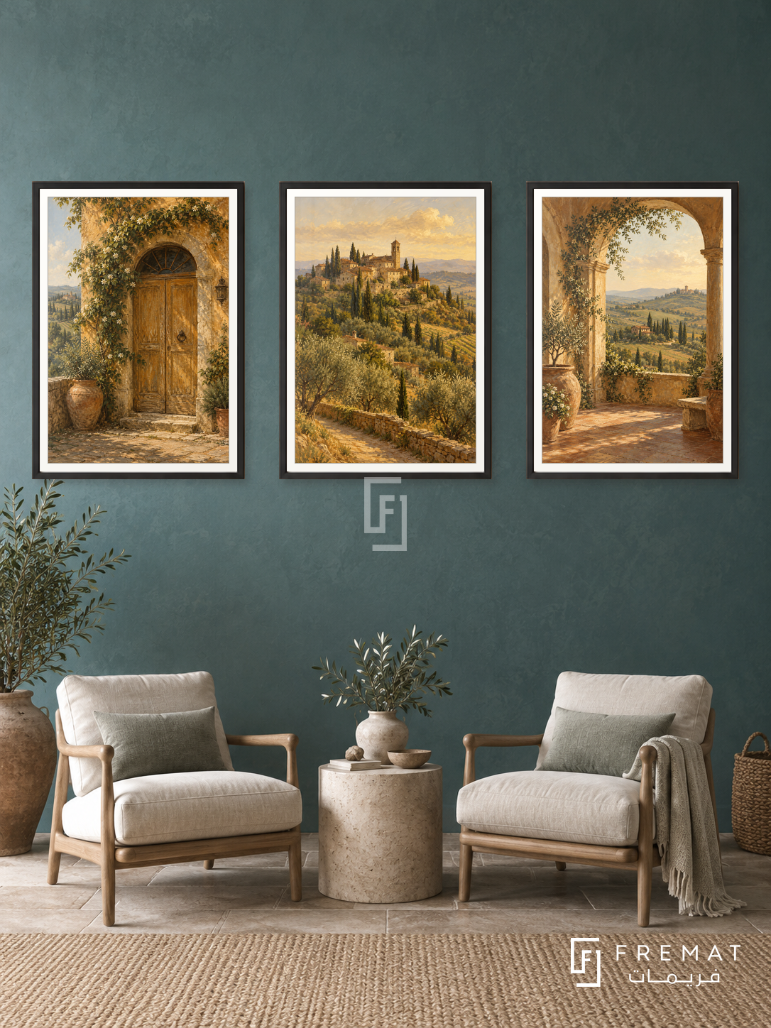 Tuscan Afternoon — set of three complementary places artworks in Black frames, shown at 50×70 cm each.