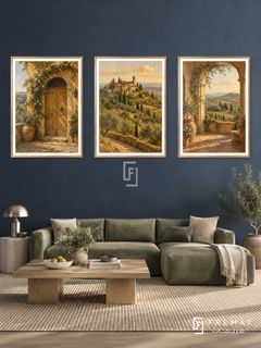 Tuscan Afternoon — set of three complementary places artworks in Gold frames, shown at 50×70 cm each.