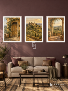Tuscan Afternoon — set of three complementary places artworks in White frames, shown at 50×70 cm each.