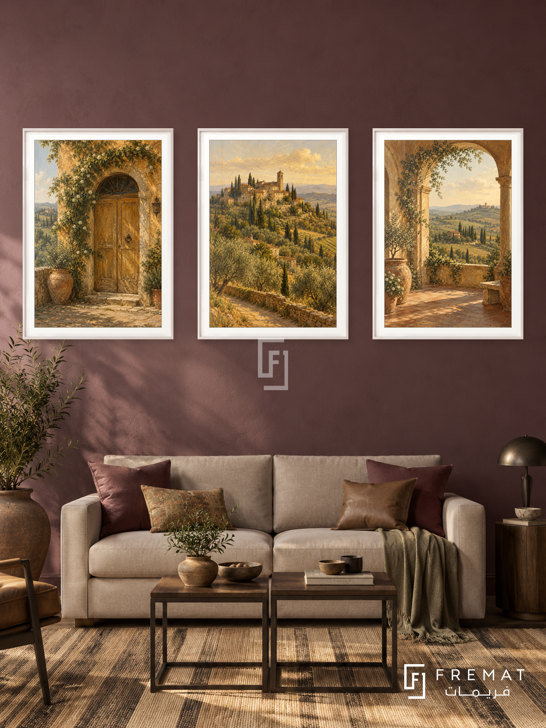 Tuscan Afternoon — set of three complementary places artworks in White frames, shown at 50×70 cm each.