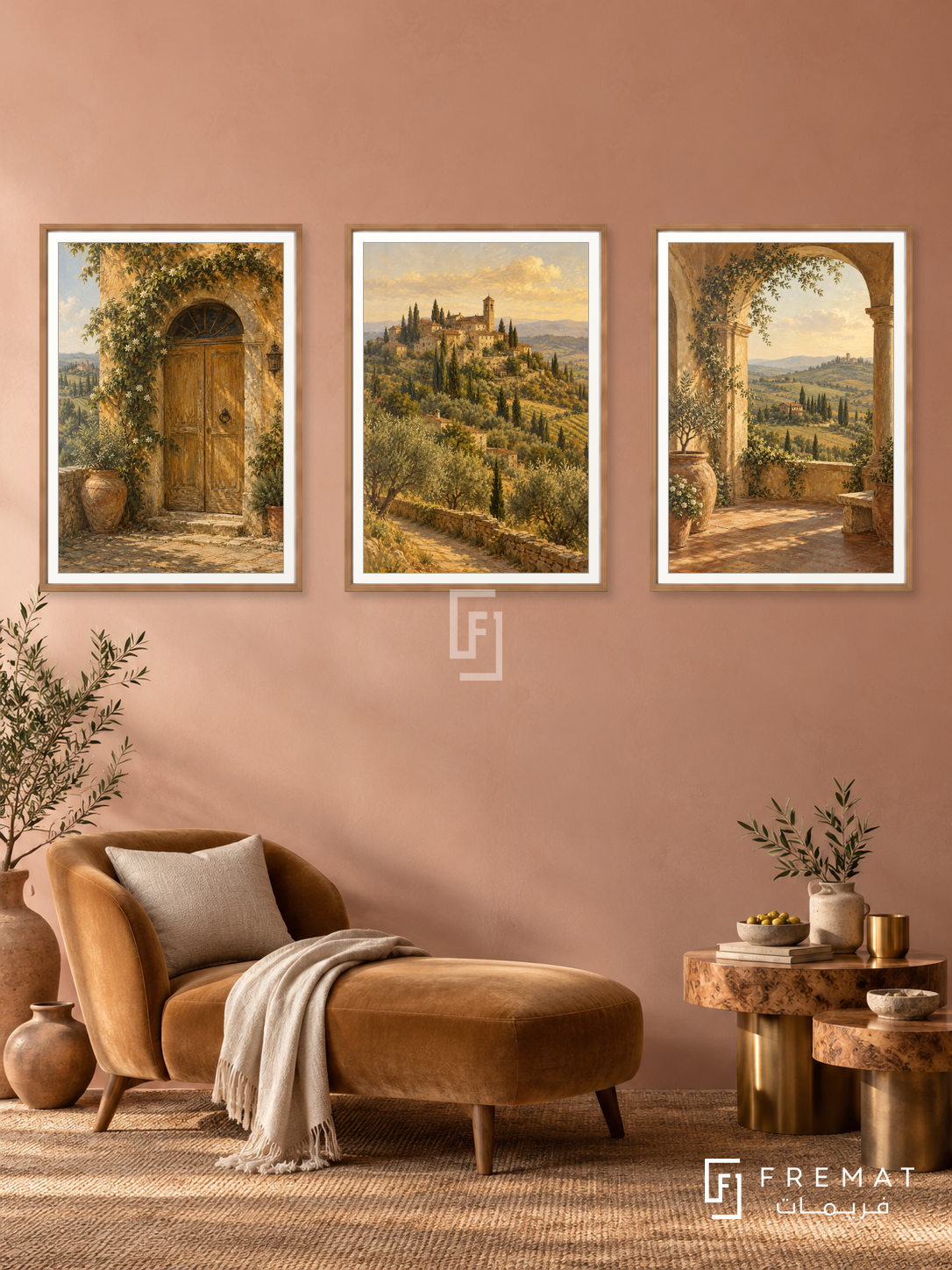 Tuscan Afternoon — set of three complementary places artworks in Wooden Texture frames, shown at 50×70 cm each.