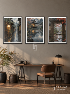 Kyoto Rain — set of three complementary places artworks in Black frames, shown at 50×70 cm each.