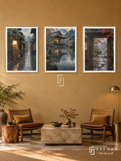 Kyoto Rain — set of three complementary places artworks in Gold frames, shown at 50×70 cm each.