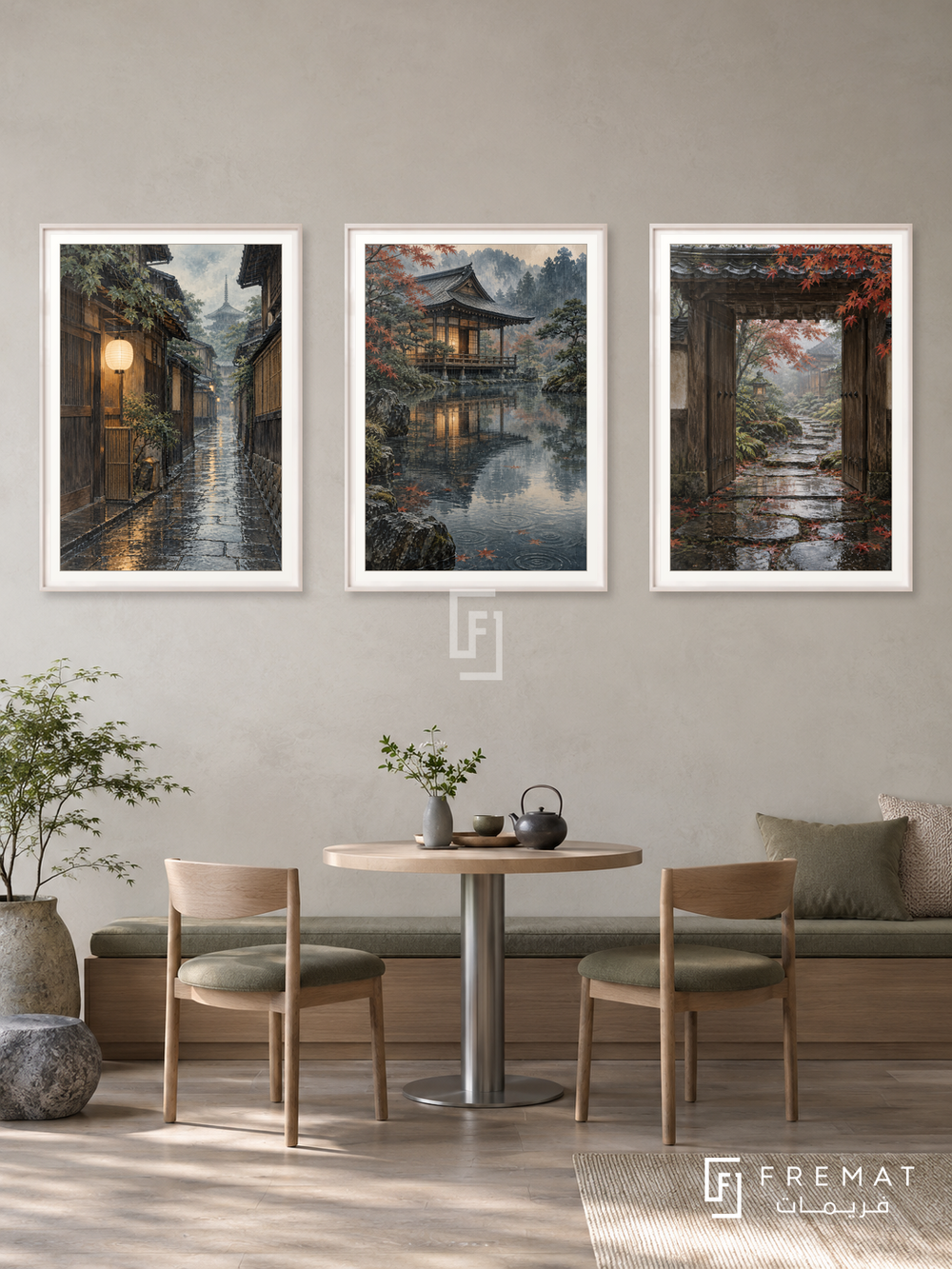 Kyoto Rain — set of three complementary places artworks in White frames, shown at 50×70 cm each.