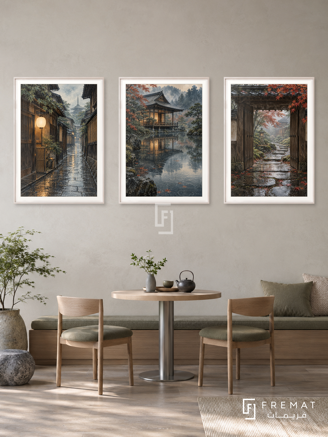 Kyoto Rain — set of three complementary places artworks in White frames, shown at 50×70 cm each.