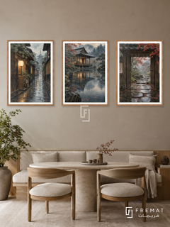 Kyoto Rain — set of three complementary places artworks in Wooden Texture frames, shown at 50×70 cm each.