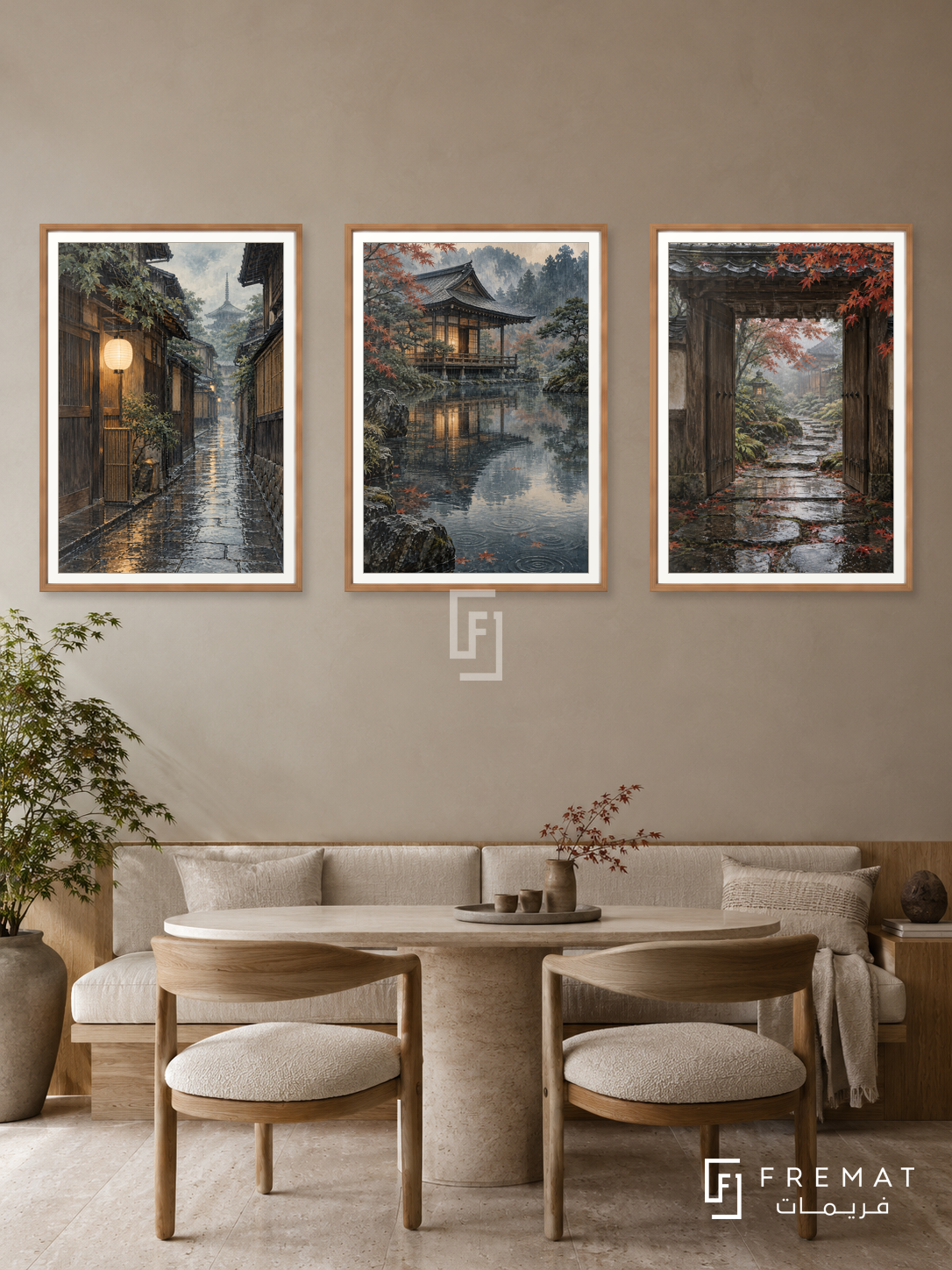 Kyoto Rain — set of three complementary places artworks in Wooden Texture frames, shown at 50×70 cm each.