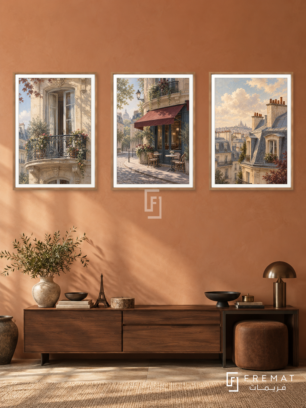 Paris Morning — set of three complementary places artworks in Wooden Texture frames, shown at 50×70 cm each.
