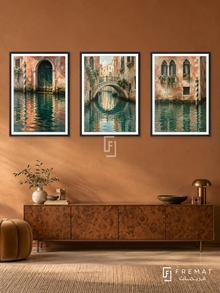 Venetian Reflections — set of three complementary places artworks in Black frames, shown at 50×70 cm each.