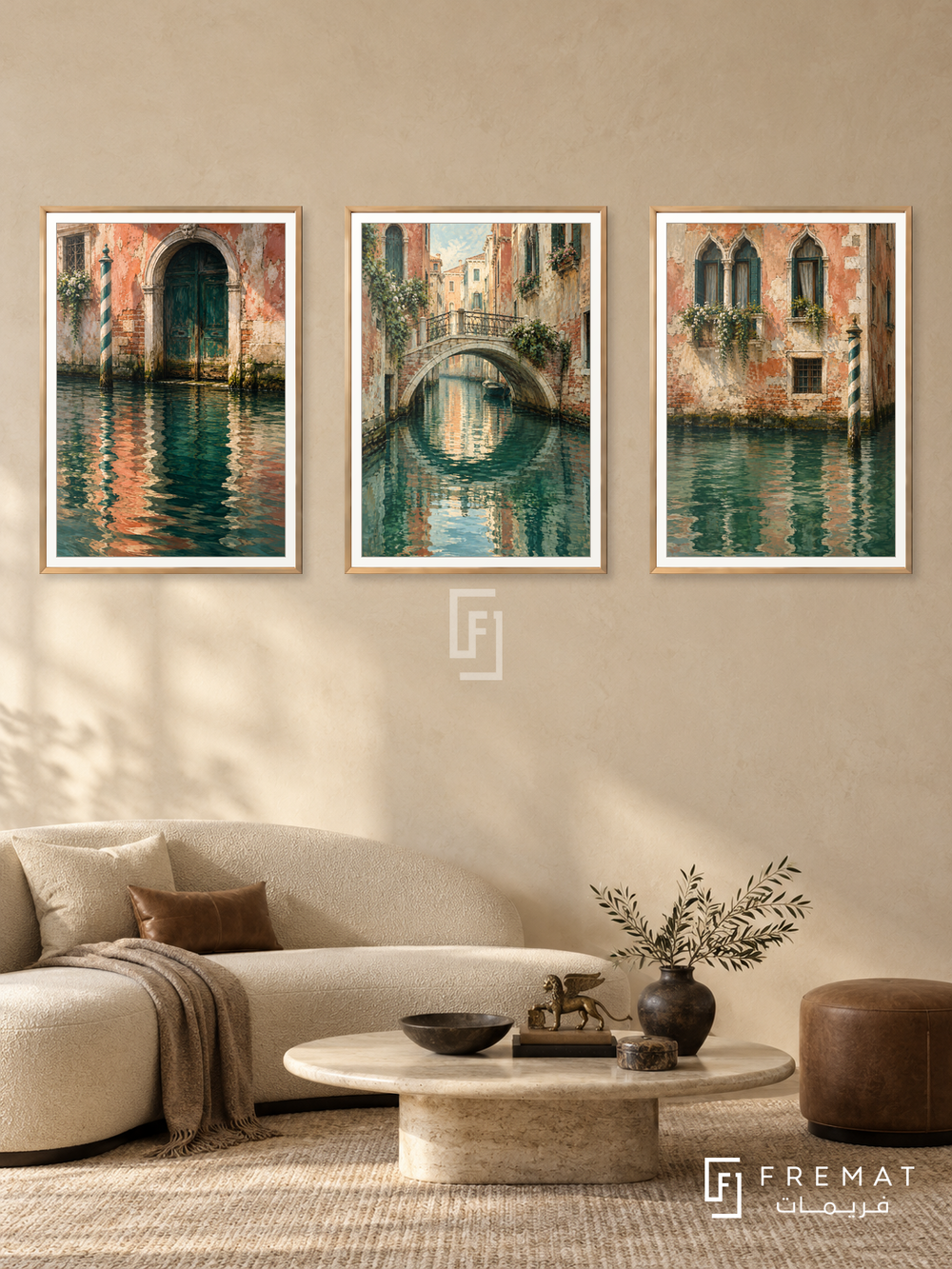 Venetian Reflections — set of three complementary places artworks in Gold frames, shown at 50×70 cm each.