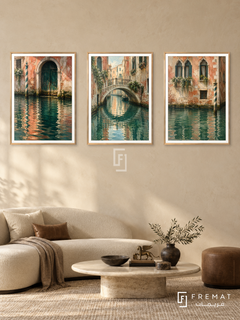 Venetian Reflections — set of three complementary places artworks in Gold frames, shown at 50×70 cm each.