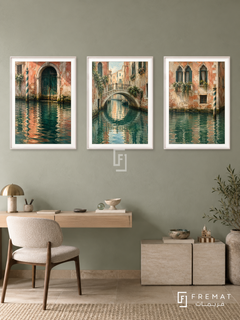 Venetian Reflections — set of three complementary places artworks in White frames, shown at 50×70 cm each.
