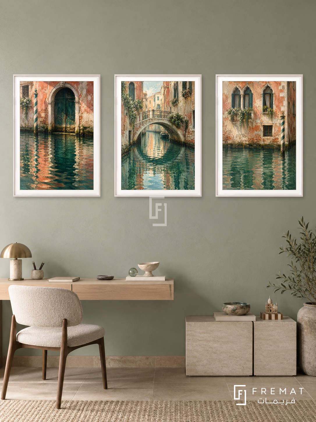 Venetian Reflections — set of three complementary places artworks in White frames, shown at 50×70 cm each.