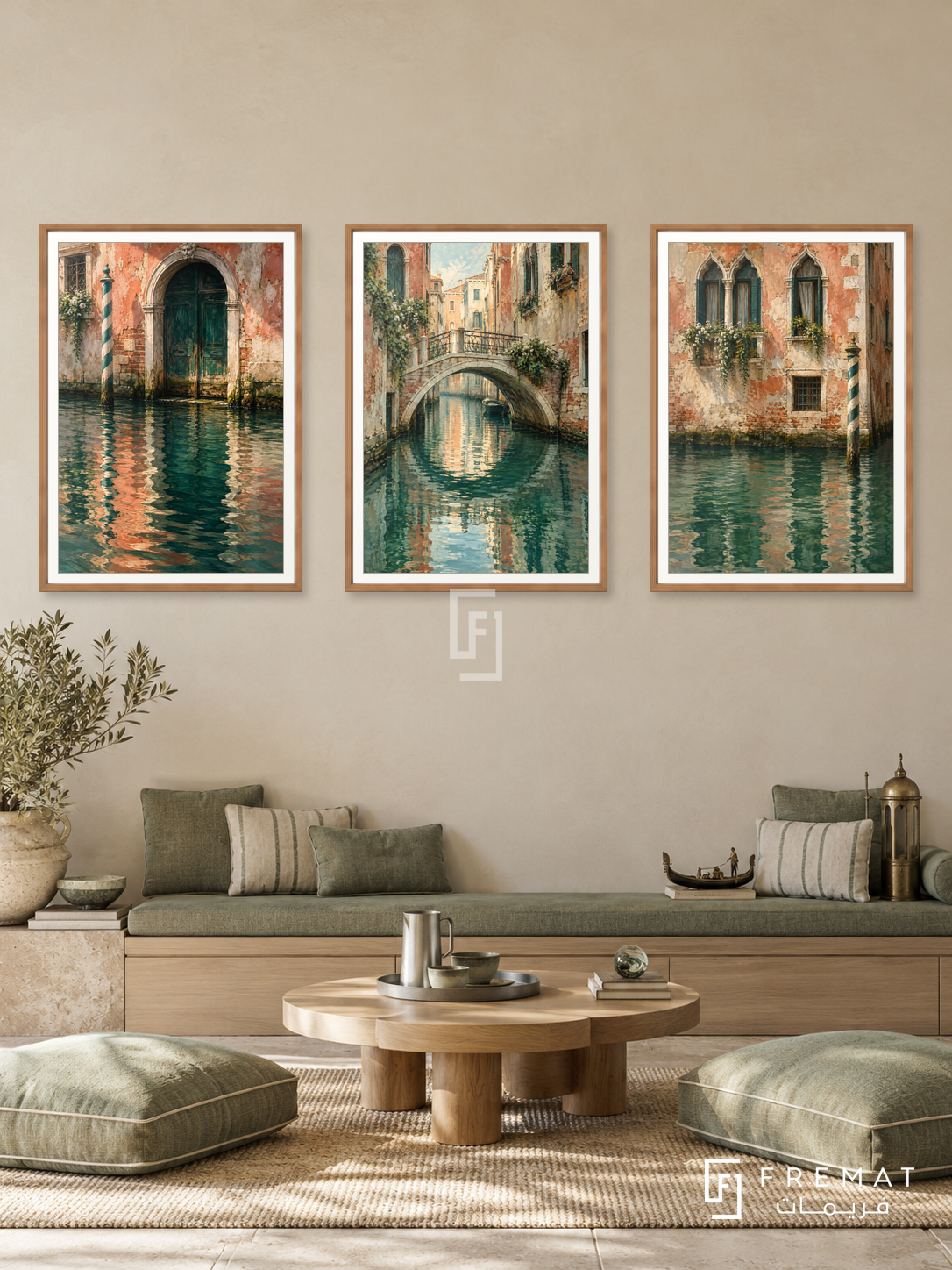 Venetian Reflections — set of three complementary places artworks in Wooden Texture frames, shown at 50×70 cm each.