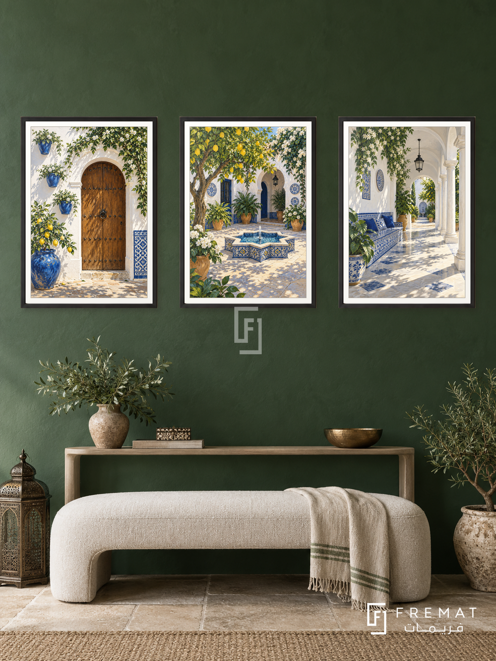 Andalusian Courtyard — set of three complementary places artworks in Black frames, shown at 50×70 cm each.