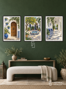 Andalusian Courtyard — set of three complementary places artworks in Black frames, shown at 50×70 cm each.