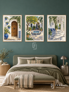 Andalusian Courtyard — set of three complementary places artworks in Gold frames, shown at 50×70 cm each.