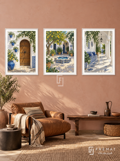 Andalusian Courtyard — set of three complementary places artworks in White frames, shown at 50×70 cm each.