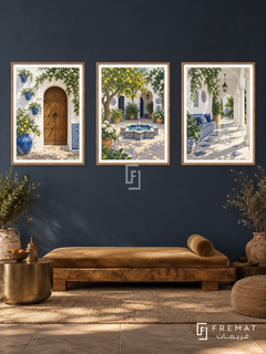 Andalusian Courtyard — set of three complementary places artworks in Wooden Texture frames, shown at 50×70 cm each.