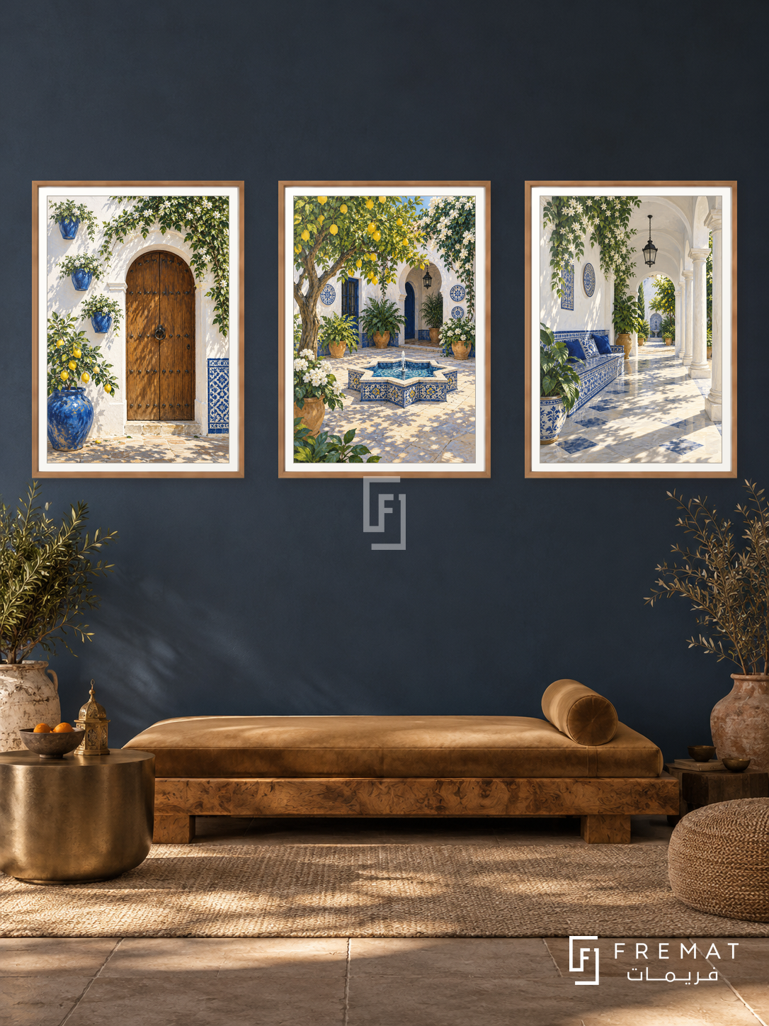 Andalusian Courtyard — set of three complementary places artworks in Wooden Texture frames, shown at 50×70 cm each.