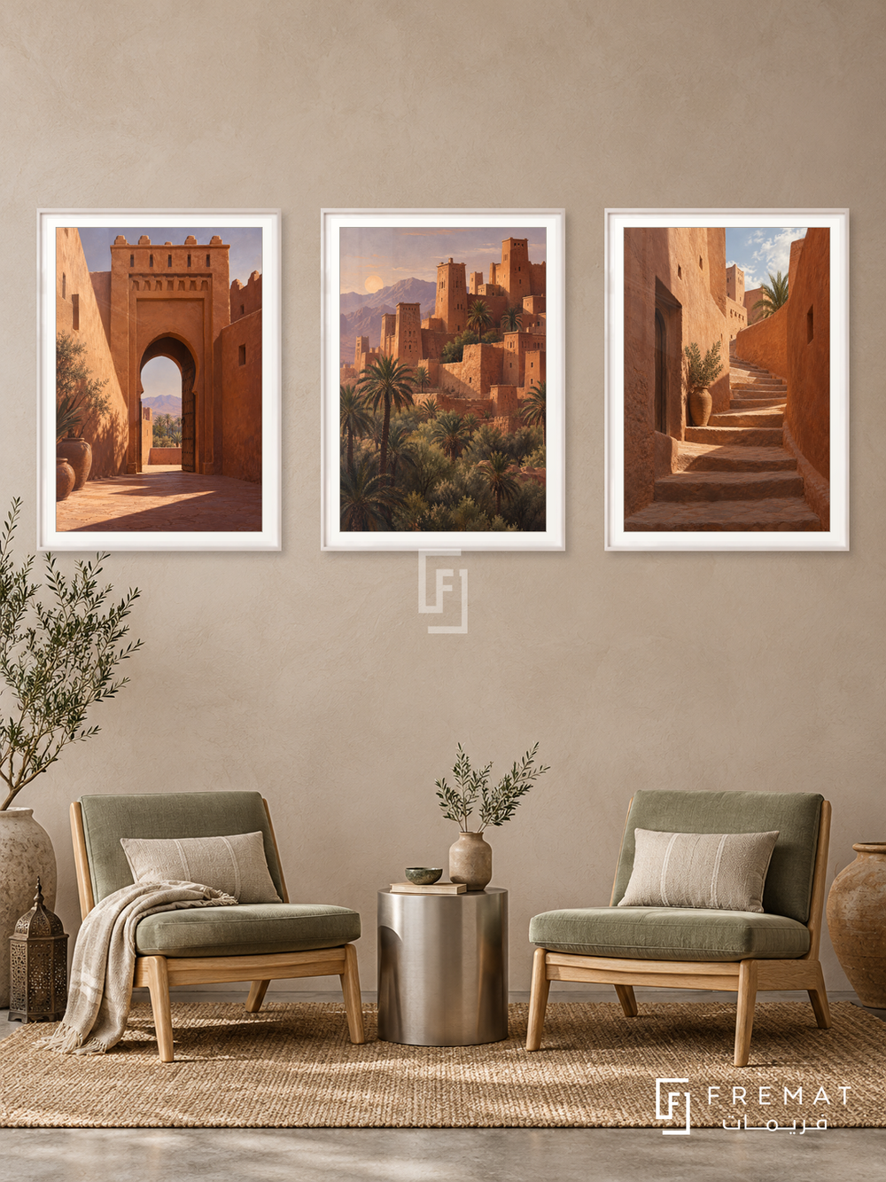 Desert Kasbah — set of three complementary places artworks in White frames, shown at 50×70 cm each.