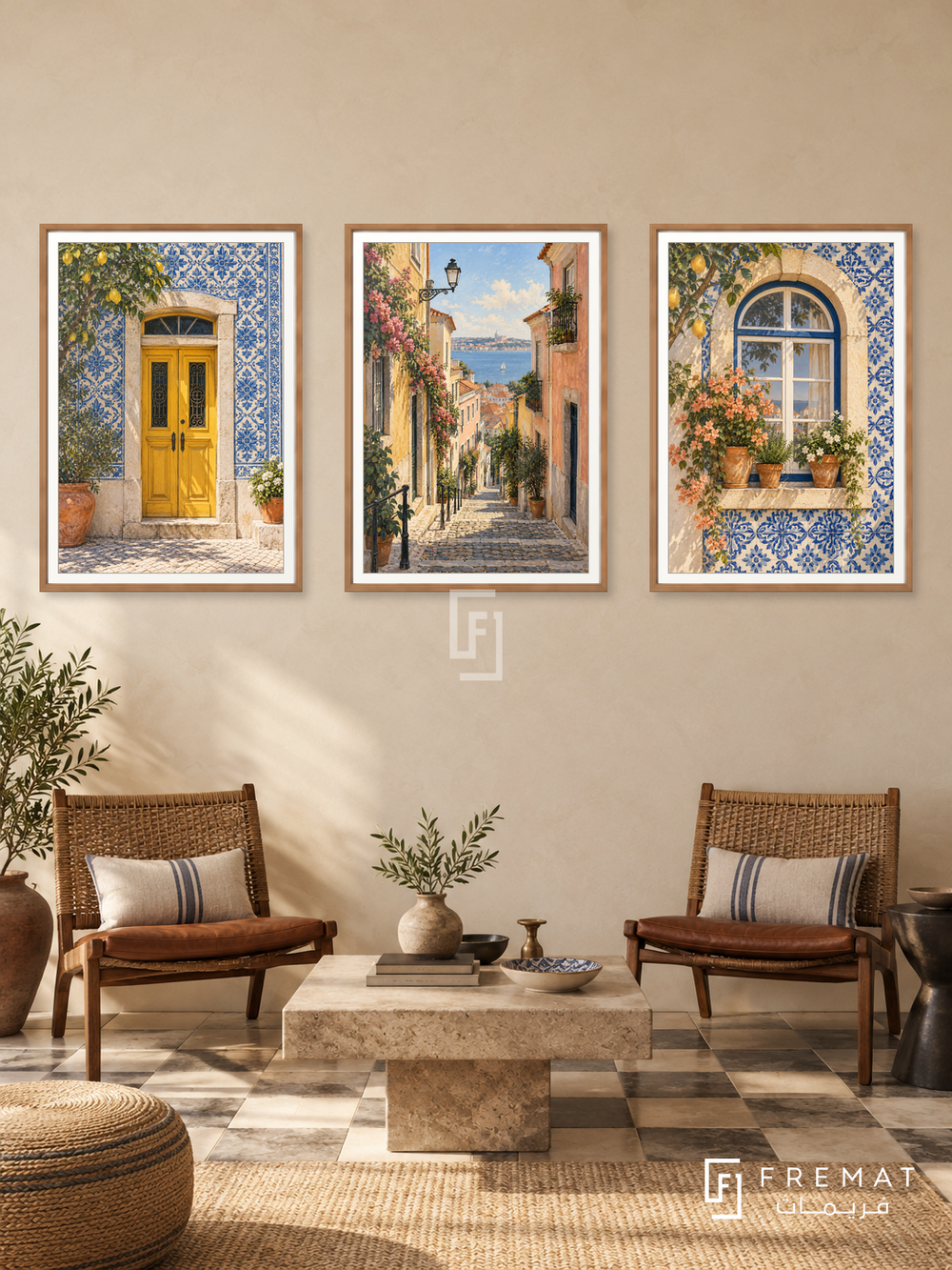 Lisbon Tiles — set of three complementary places artworks in Wooden Texture frames, shown at 50×70 cm each.