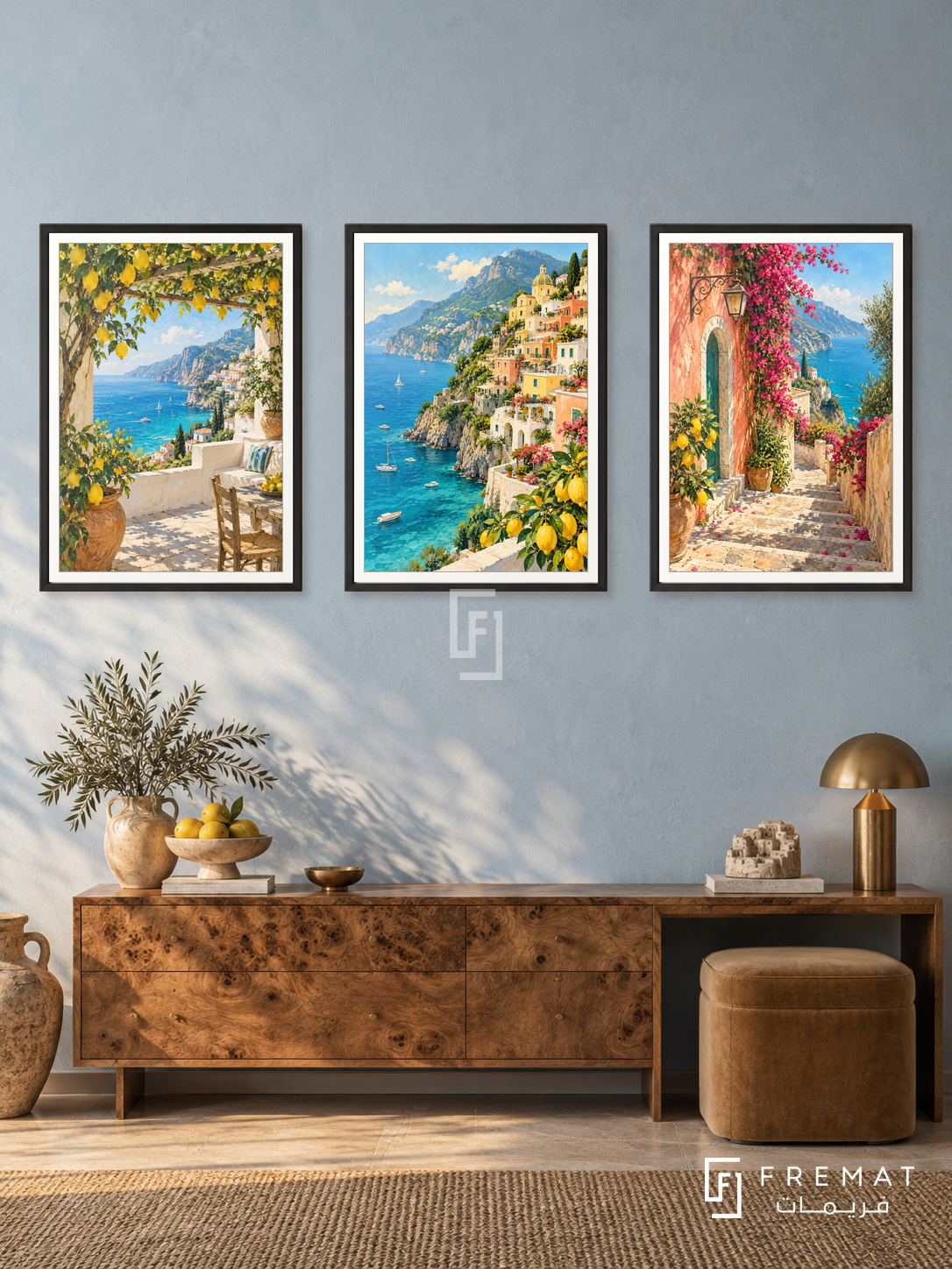 Amalfi Terraces — set of three complementary places artworks in Black frames, shown at 50×70 cm each.