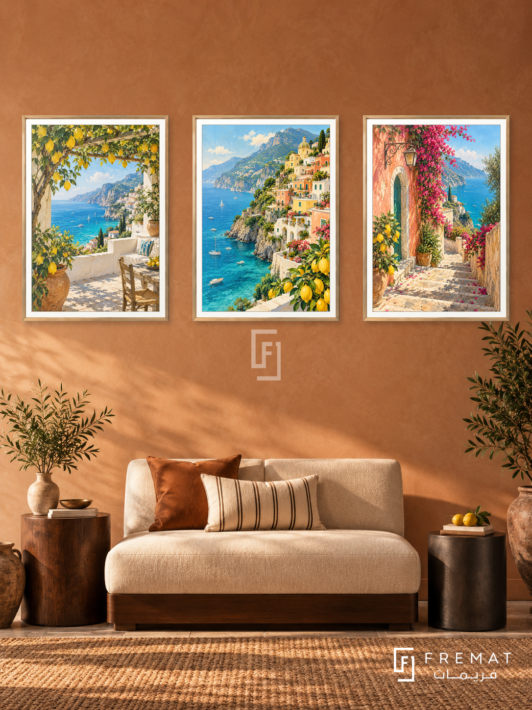 Amalfi Terraces — set of three complementary places artworks in Gold frames, shown at 50×70 cm each.