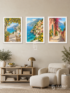 Amalfi Terraces — set of three complementary places artworks in White frames, shown at 50×70 cm each.