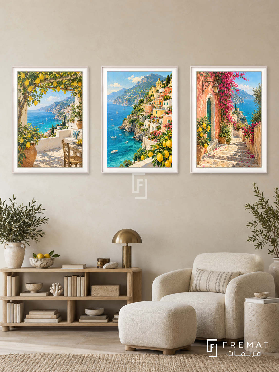 Amalfi Terraces — set of three complementary places artworks in White frames, shown at 50×70 cm each.