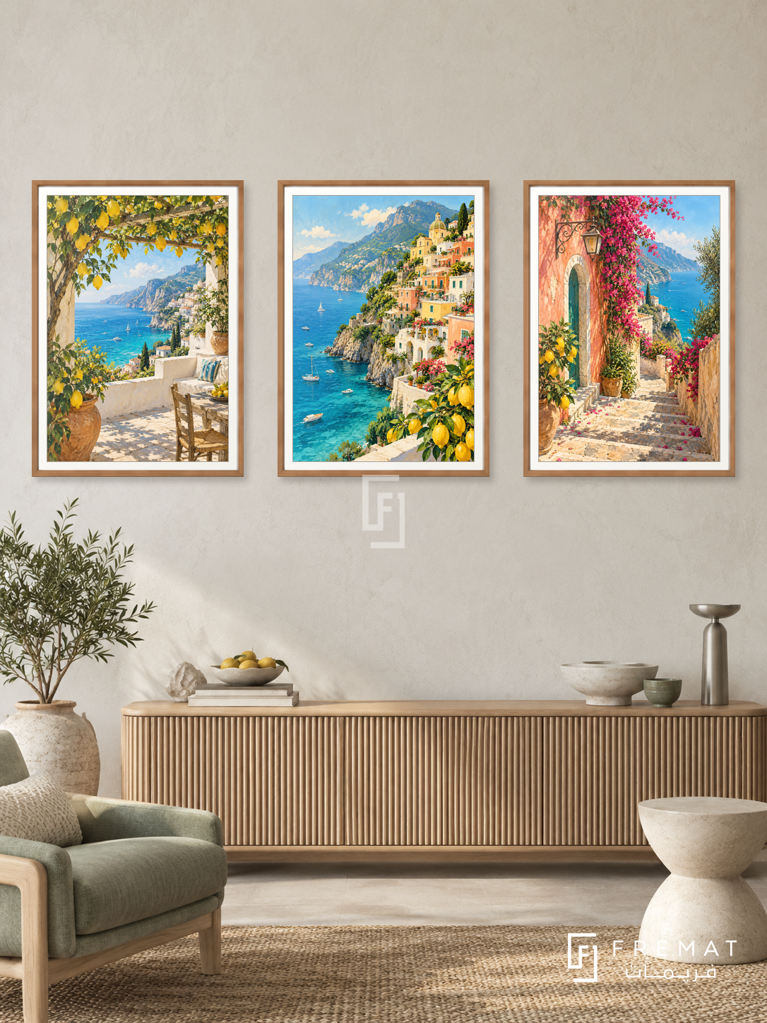 Amalfi Terraces — set of three complementary places artworks in Wooden Texture frames, shown at 50×70 cm each.