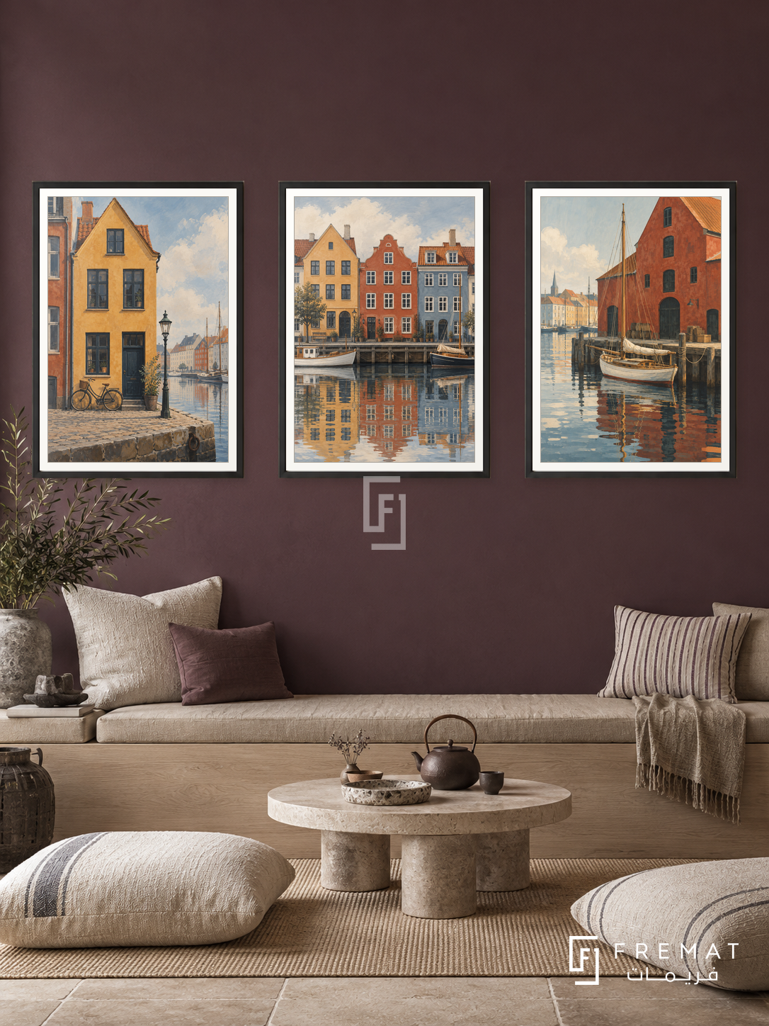Copenhagen Harbor — set of three complementary places artworks in Black frames, shown at 50×70 cm each.