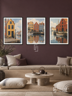 Copenhagen Harbor — set of three complementary places artworks in Black frames, shown at 50×70 cm each.