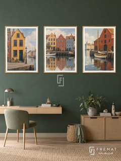 Copenhagen Harbor — set of three complementary places artworks in Gold frames, shown at 50×70 cm each.