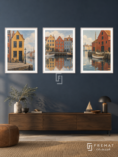 Copenhagen Harbor — set of three complementary places artworks in White frames, shown at 50×70 cm each.
