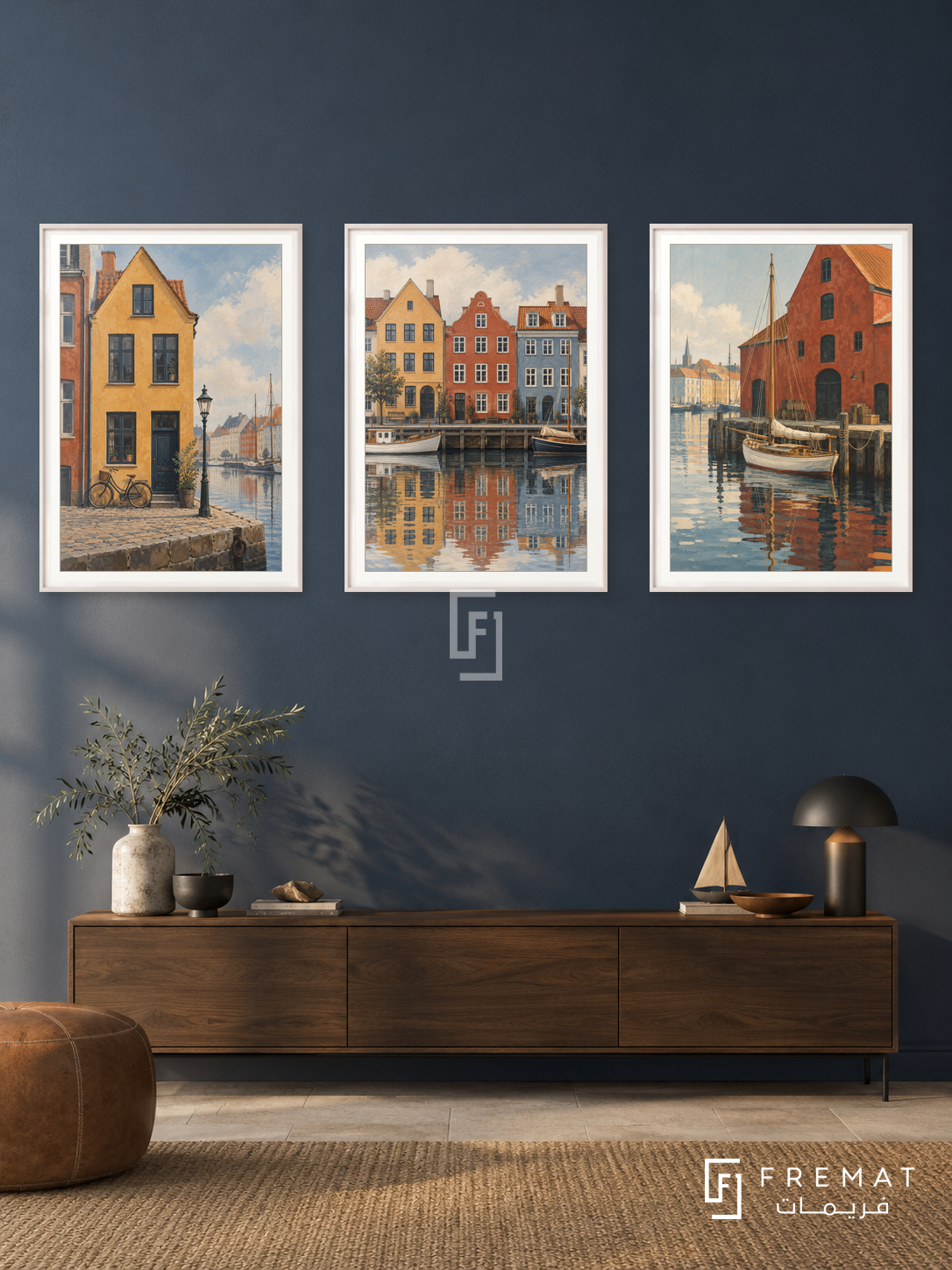 Copenhagen Harbor — set of three complementary places artworks in White frames, shown at 50×70 cm each.